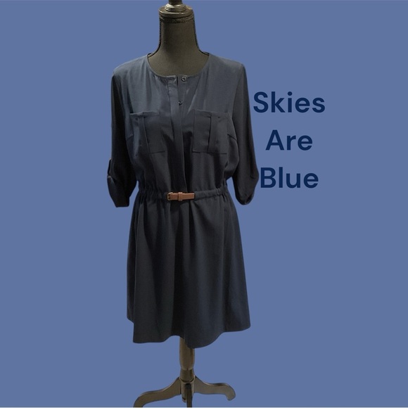 SKIES ARE BLUE WOMENS BLUE SIZE M BUTTON FRONT DRESS WITH BELT GENTLY WORN - Picture 1 of 4